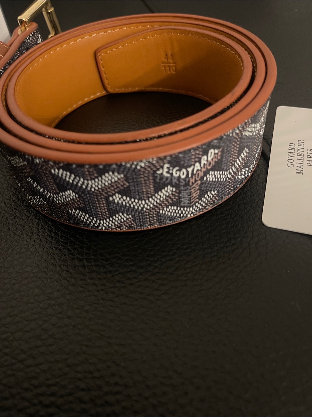 Goyard Black Chevron Canvas Belt with Tan Leather Trim and Gold Hardware